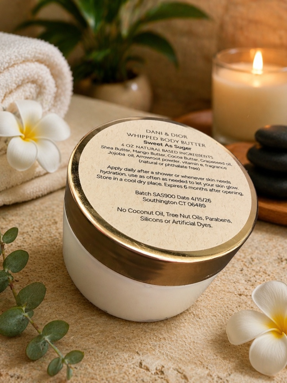 4oz Sweet As Sugar Whipped Body Butter jar top color may be gold black or white